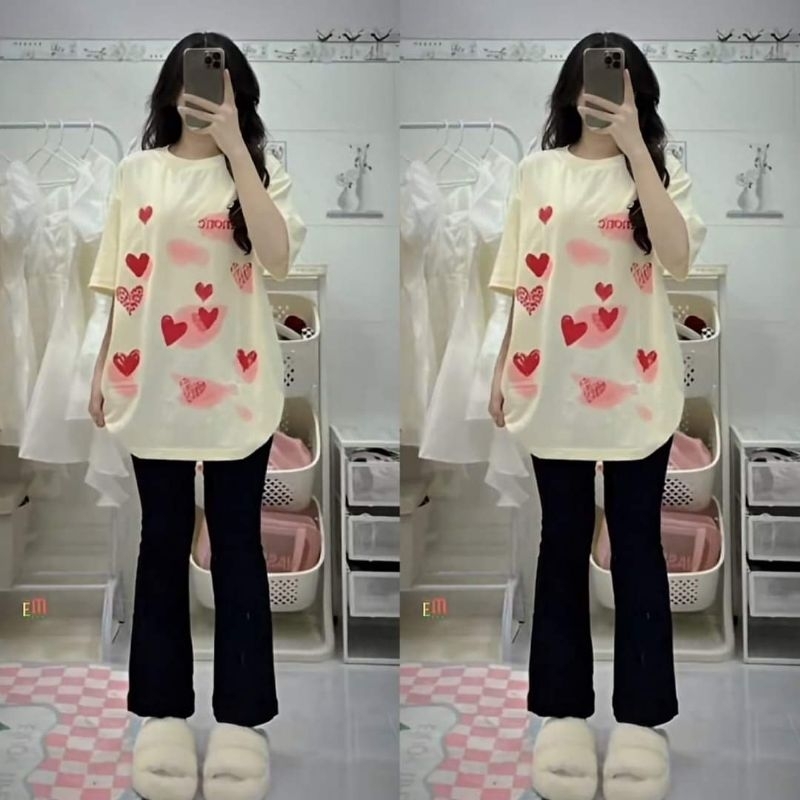 [ Rẻ Vô Địch ] Sét quần ống loe chất umi + mix áo phông form rộng unisex trái tim be