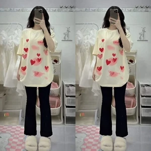Sét quần ống loe chất umi + mix áo phông form rộng unisex trái tim be