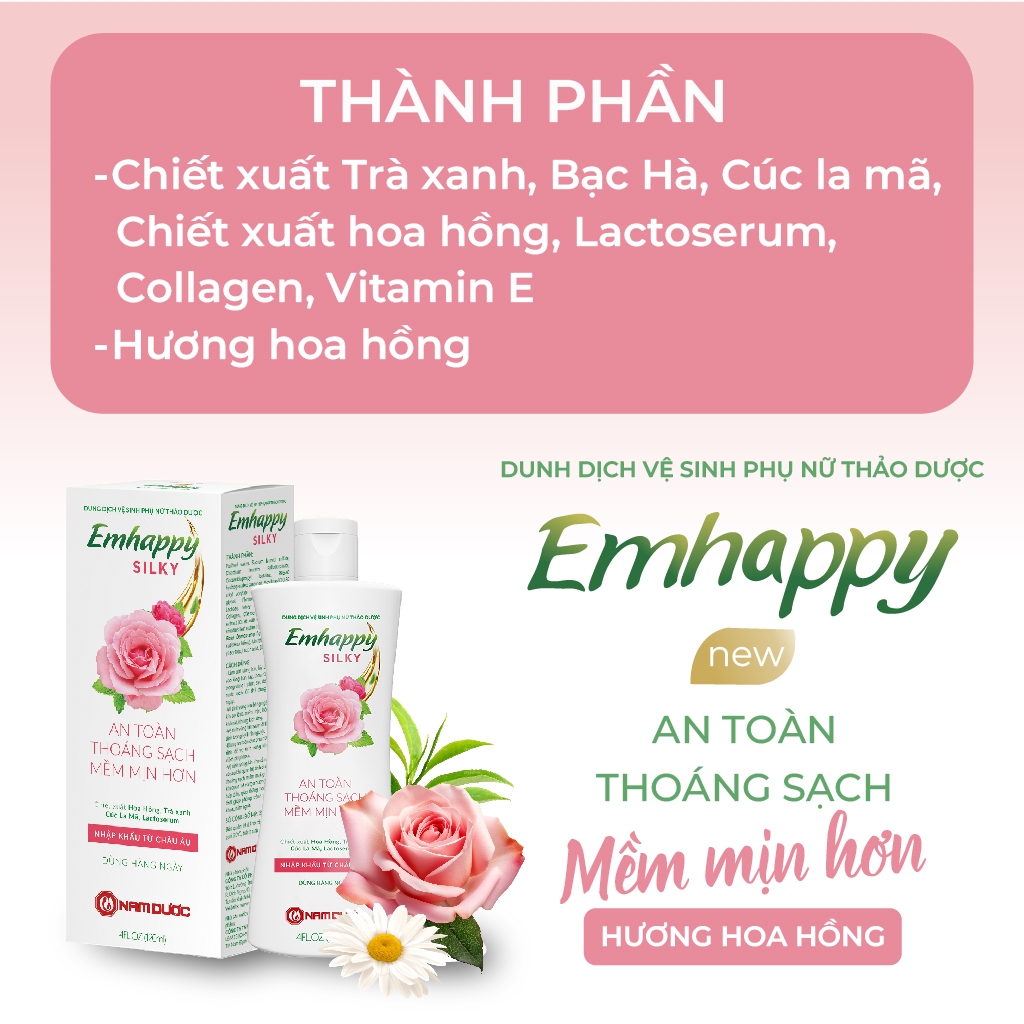 Ảnh Dung dịch vệ sinh phụ nữ Emhappy Silky Nam Dược hương hoa hồng chai 120ml 2