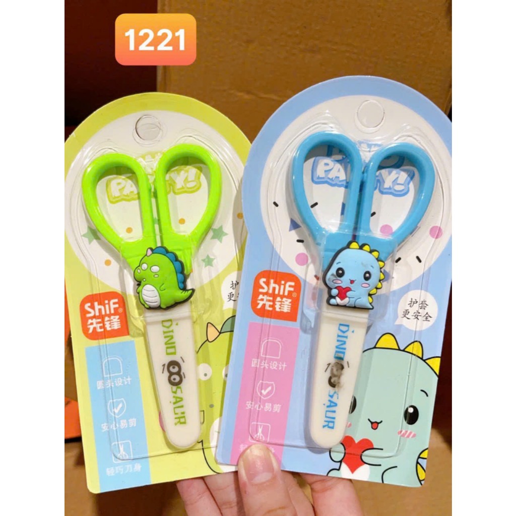 combo 3 Kéo thủ công, kéo có nắp đậy bảo vệ an toàn cho bé, có sticker hình khủng long (dinosaur) dễ thương TIGERTOYS