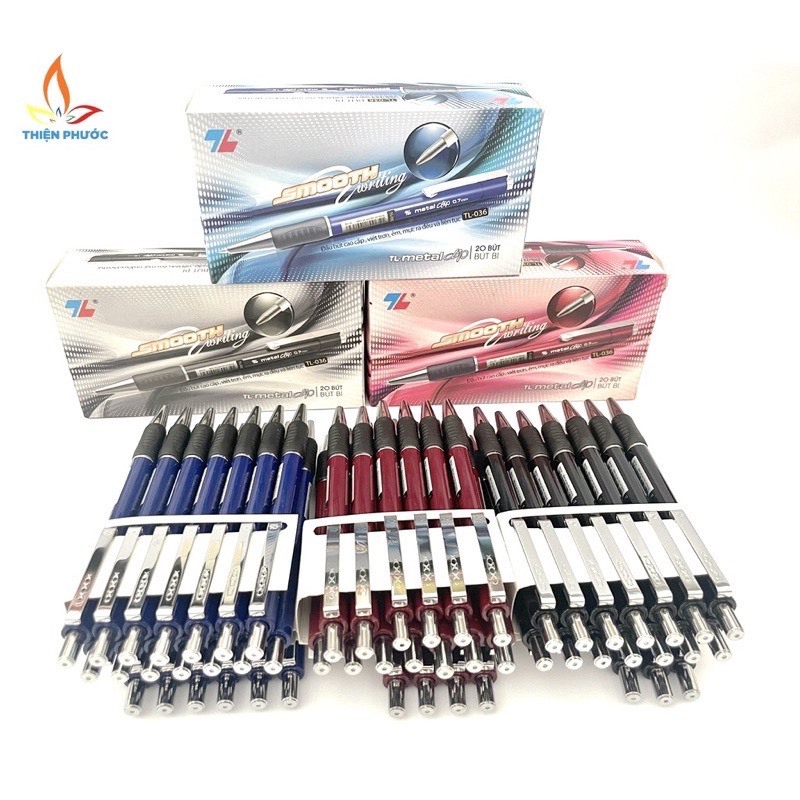 Combo Bút bi Thiên Long TL-036 - Bút bi giắt kim loại mạ crom đệm cầm tay cao su êm hàng chính hãng
