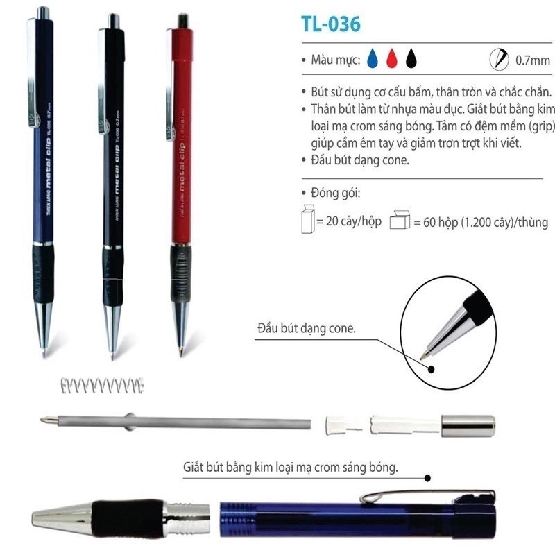 Combo Bút bi Thiên Long TL-036 - Bút bi giắt kim loại mạ crom đệm cầm tay cao su êm hàng chính hãng