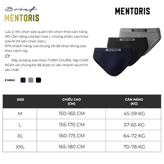 Combo 3 Quần lót tam giác nam BRIEF BAMBOO Mentoris kháng khuẩn, mềm mại và thấp hút tốt CB3MBF02