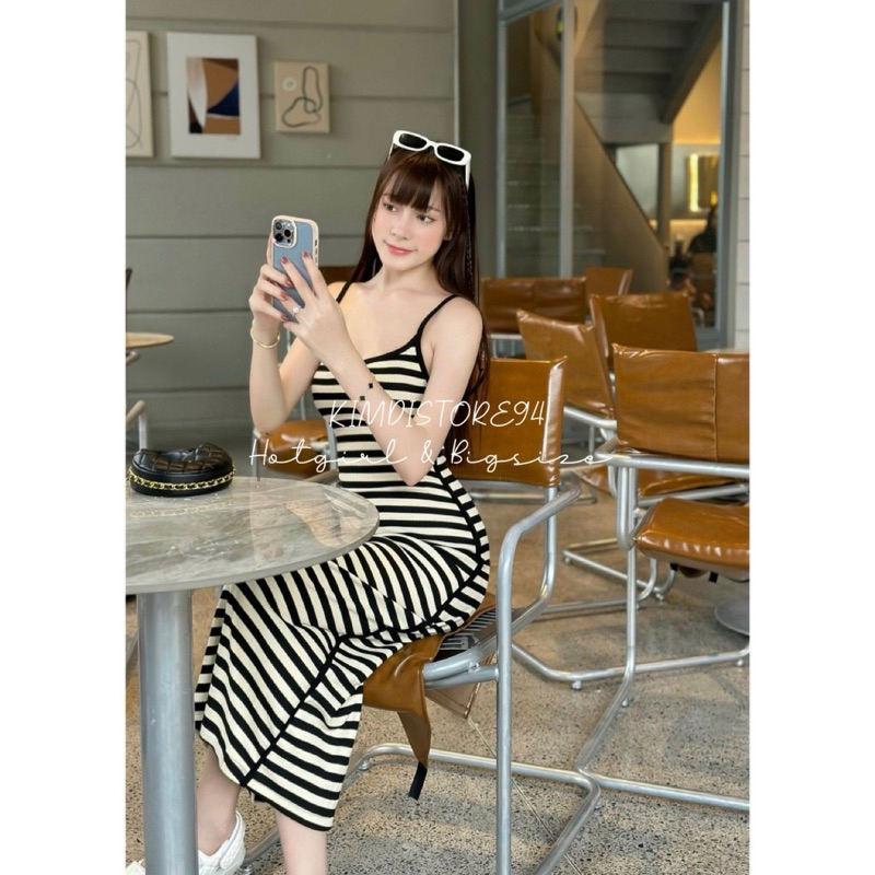 Đầm body hai dây viền 2 sọc dáng dài tôn dáng thời trang