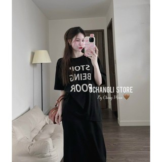 Set váy borip tici thời trang nữ trẻ trung nhẹ nhàng mặc đi chơi cổ tròn áo tay ngắn họa tiết in váy dài