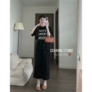 Set váy borip tici thời trang nữ trẻ trung nhẹ nhàng mặc đi chơi cổ tròn áo tay ngắn họa tiết in váy dài