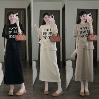 Set váy borip tici thời trang nữ trẻ trung nhẹ nhàng mặc đi chơi cổ tròn áo tay ngắn họa tiết in váy dài