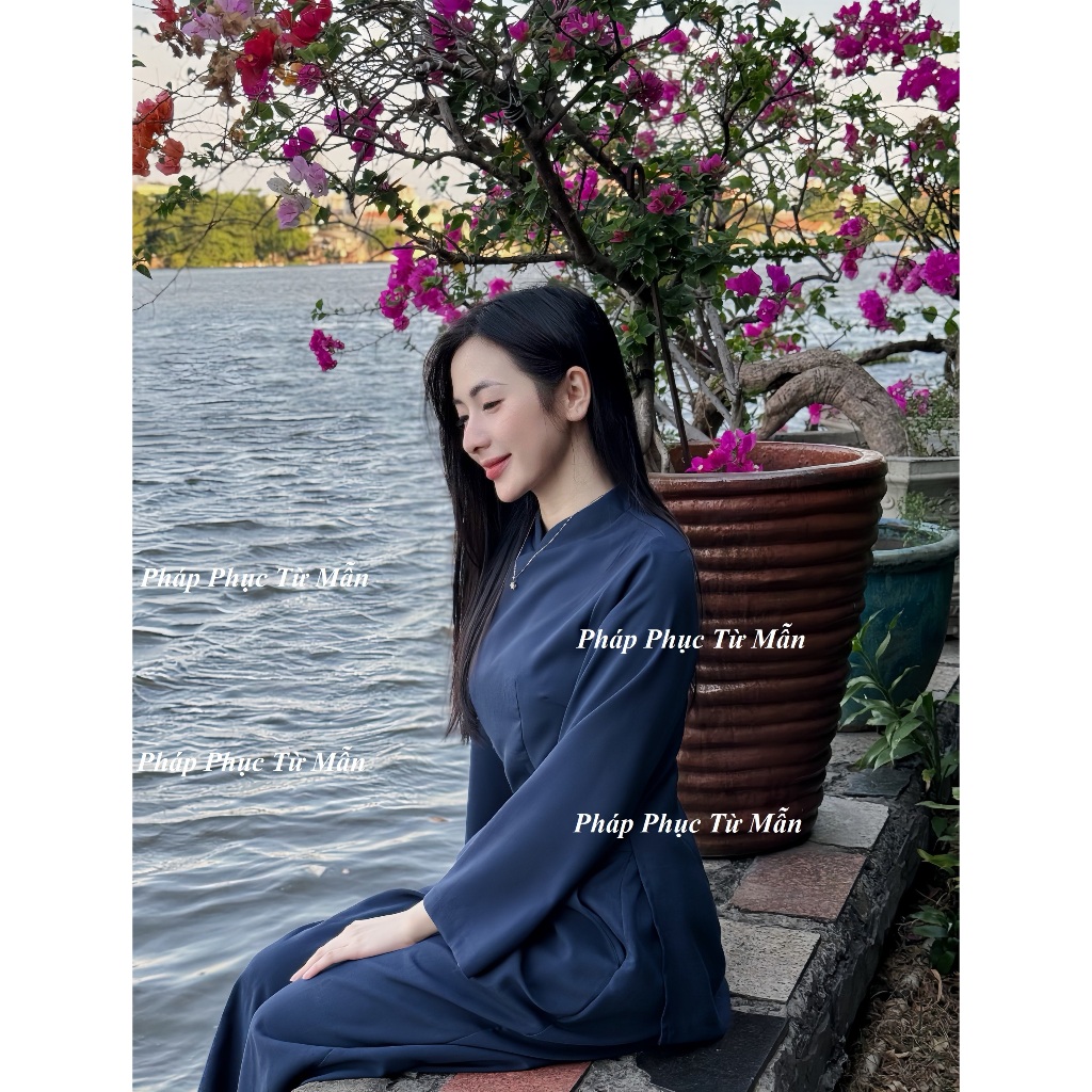 Pháp phục đi chùa cổ tàu thêu chữ Tuệ Tâm vải đũi cao cấp Đồ lam đi chùa khuy ngọc thắt nơ Bộ đồ đi lễ sang trọng