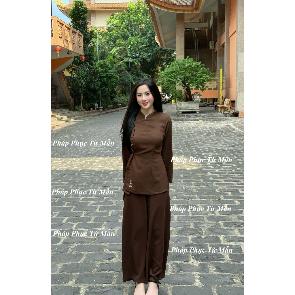 Pháp phục đi chùa cổ tàu thêu chữ Tuệ Tâm vải đũi cao cấp Đồ lam đi chùa khuy ngọc thắt nơ Bộ đồ đi lễ sang trọng