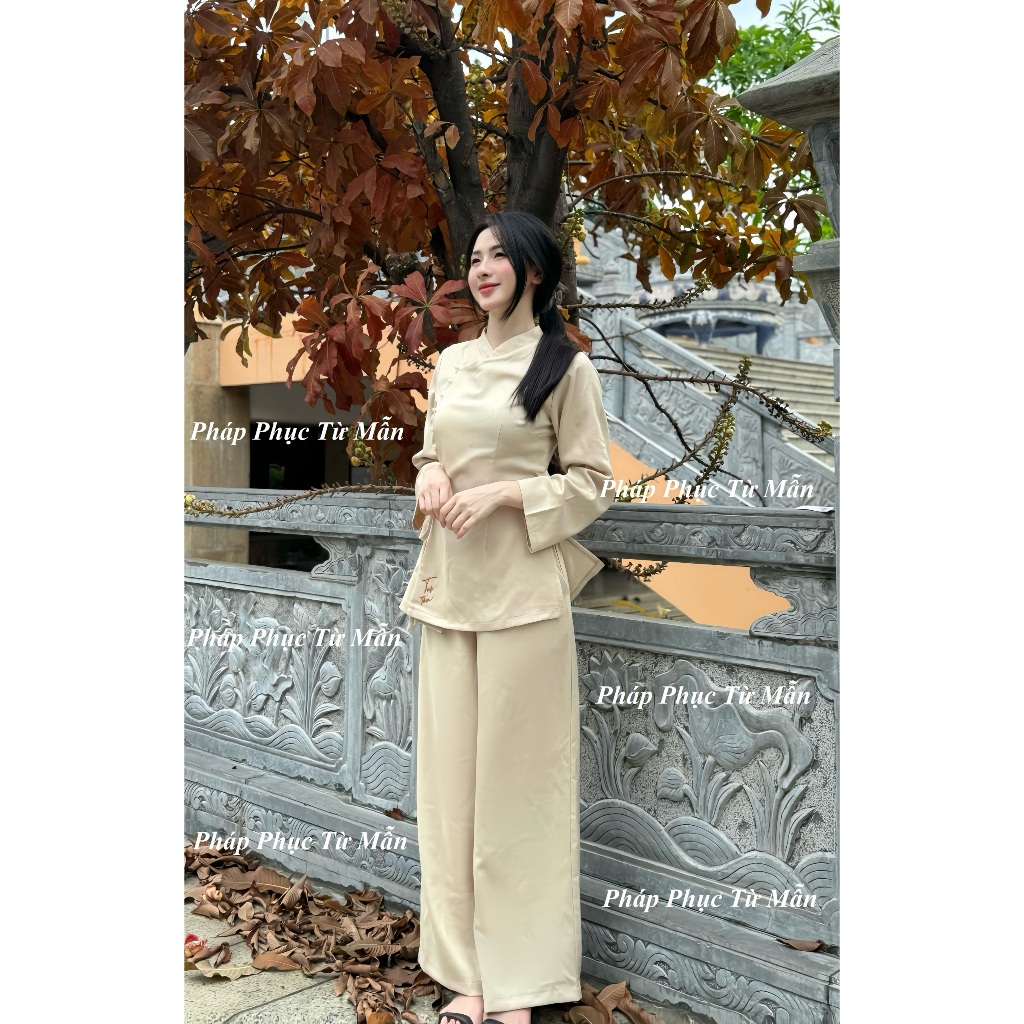 Pháp phục đi chùa cổ tàu thêu chữ Tuệ Tâm vải đũi cao cấp Đồ lam đi chùa khuy ngọc thắt nơ Bộ đồ đi lễ sang trọng