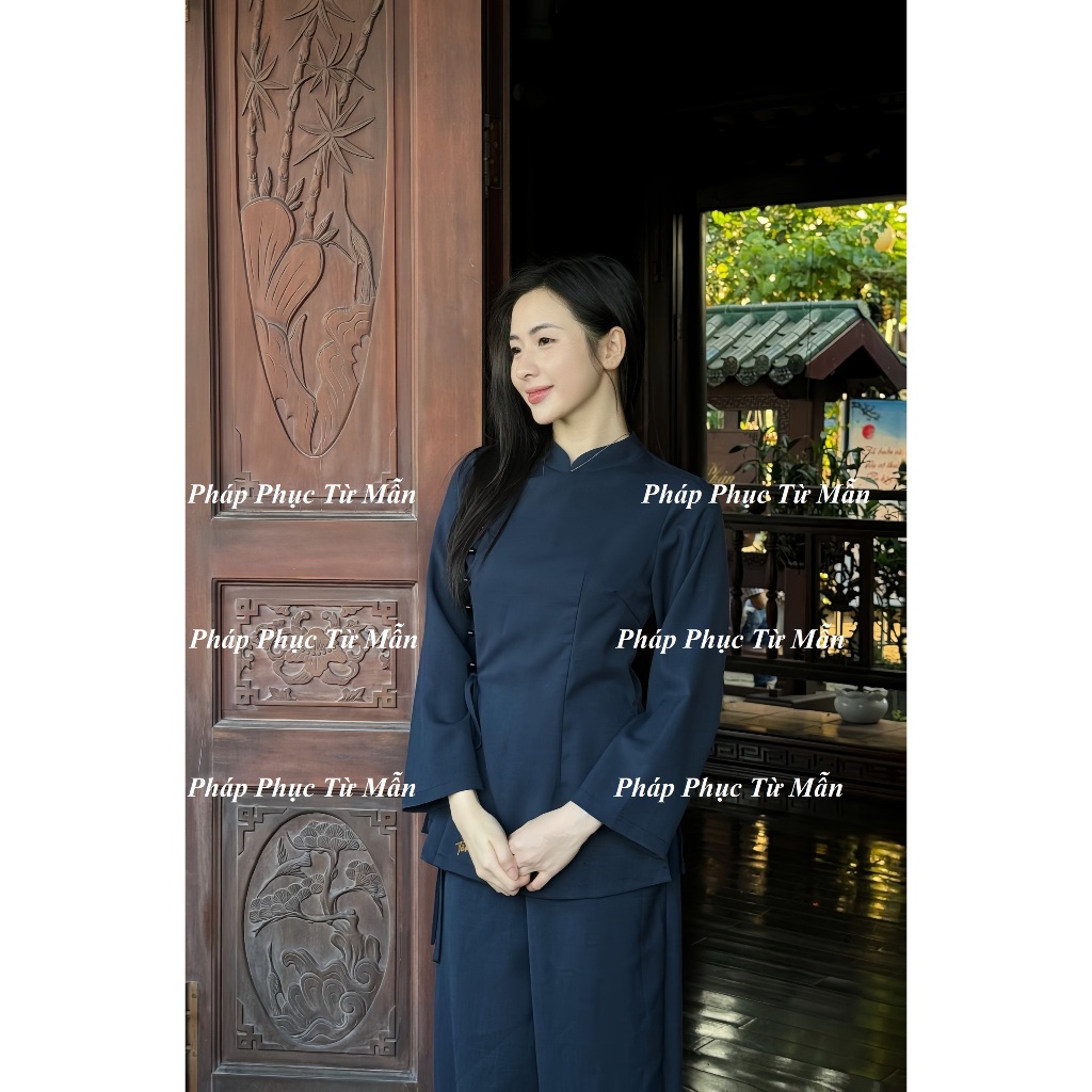 Pháp phục đi chùa cổ tàu thêu chữ Tuệ Tâm vải đũi cao cấp Đồ lam đi chùa khuy ngọc thắt nơ Bộ đồ đi lễ sang trọng