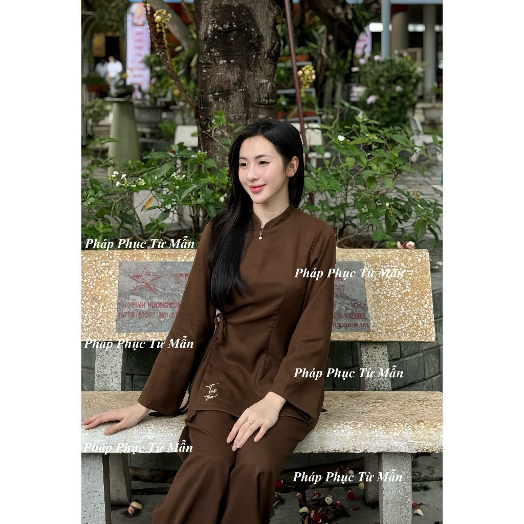 Pháp phục đi chùa cổ tàu thêu chữ Tuệ Tâm vải đũi cao cấp Đồ lam đi chùa khuy ngọc thắt nơ Bộ đồ đi lễ sang trọng
