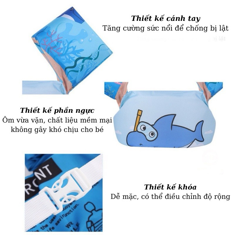 Phao tập bơi liền thân cho bé 10-35kg - phao bơi tay đỡ ngực cho bé 2-10 tuổi đi biển tập bơi có cài chống lật an toàn