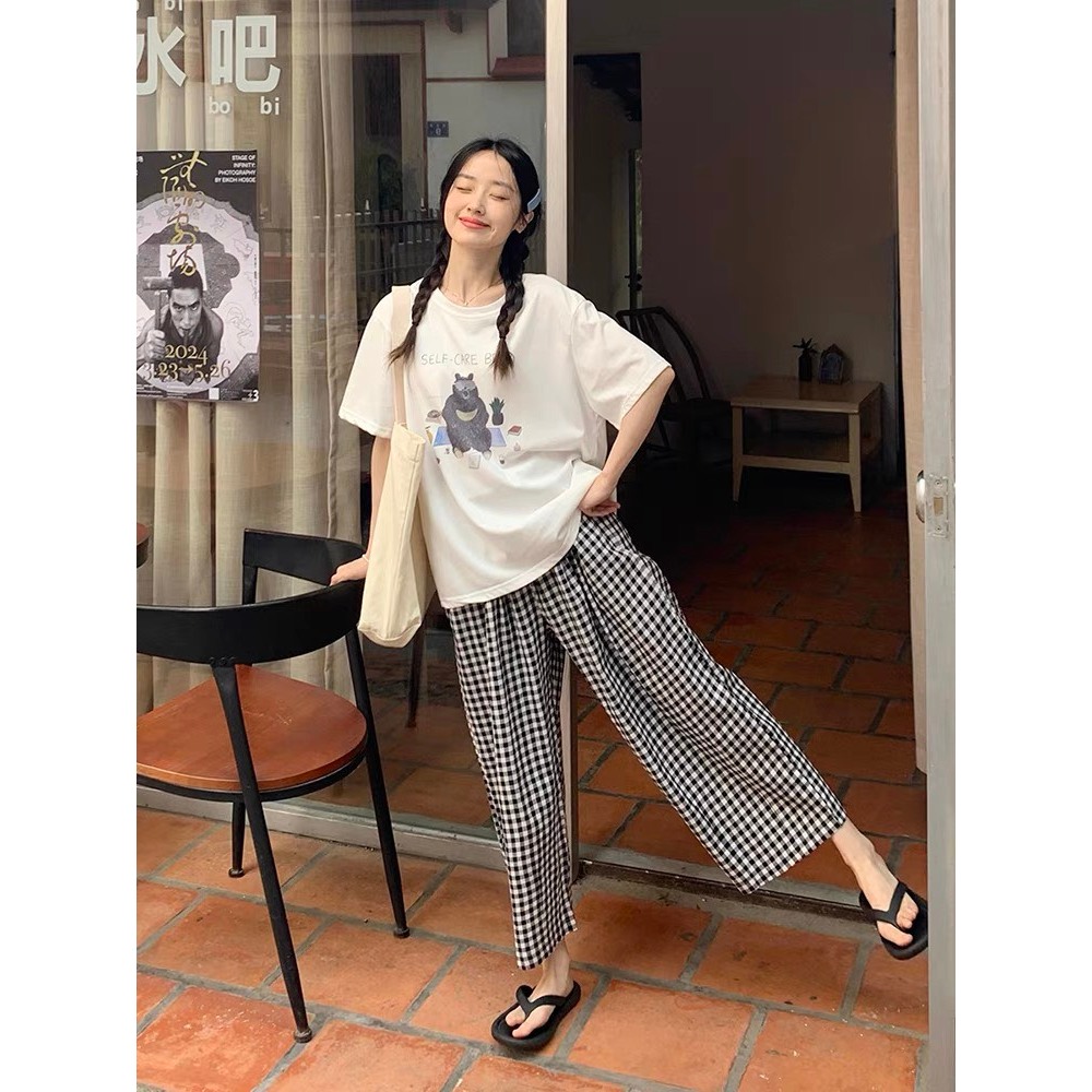 Sét đồ nữ quần dài kẻ caro dáng baggy, áo thun cotton in hình, sét đồ mặc nhà, đi chơ MENINA