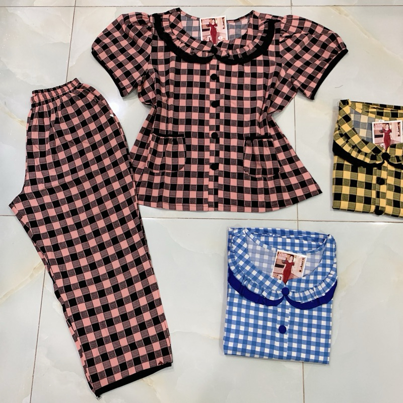 Đồ bộ nữ,đồ ngủ mặc nhà  vải lụa tay phồng cổ sen hoạ tiết sọc caro siêu cưng size 45-67kg.