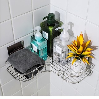Kệ góc inox dán tường nhà tắm siêu chắc,kệ góc inox kèm 2 miếng dán đa năng {H}