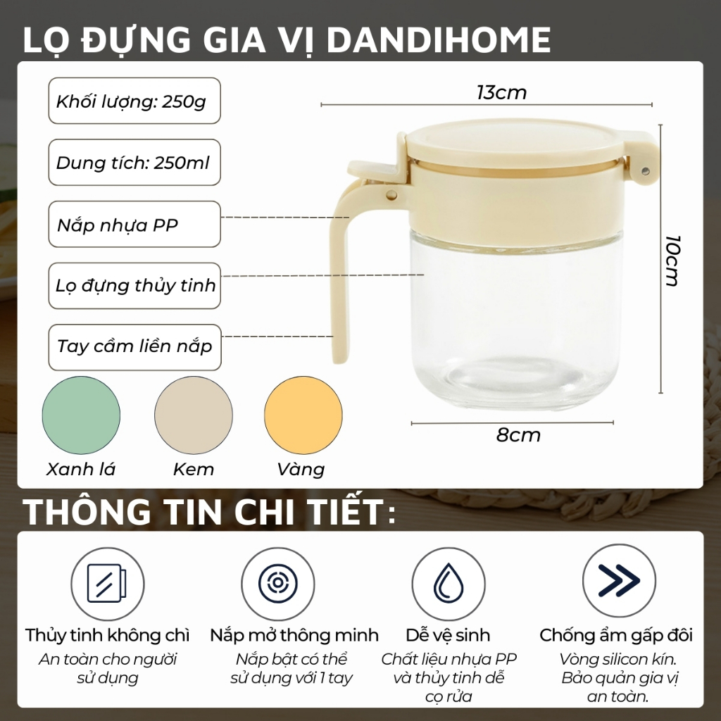 Ảnh Lọ đựng gia vị, hũ đựng gia vị thủy tinh và nhựa PP DandiHome có thìa thông minh 2