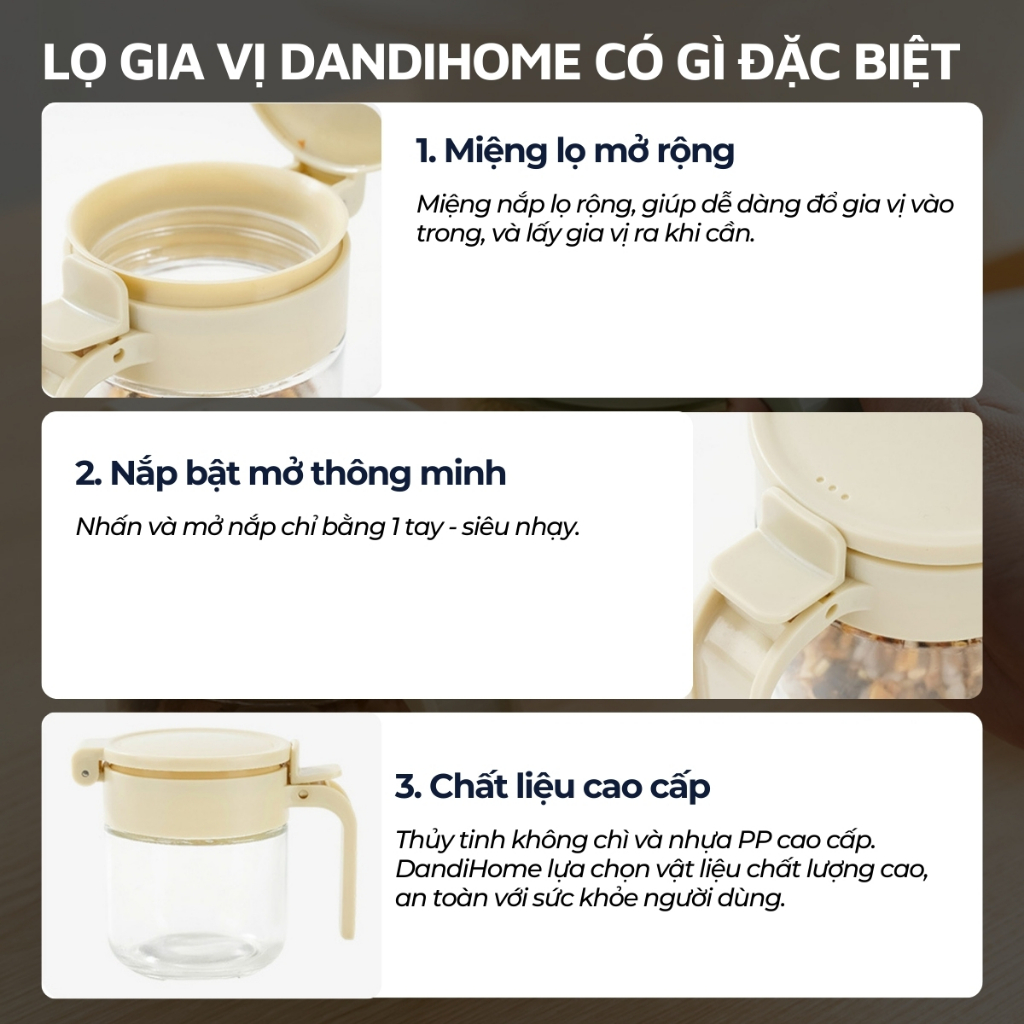 Ảnh Lọ đựng gia vị, hũ đựng gia vị thủy tinh và nhựa PP DandiHome có thìa thông minh 4