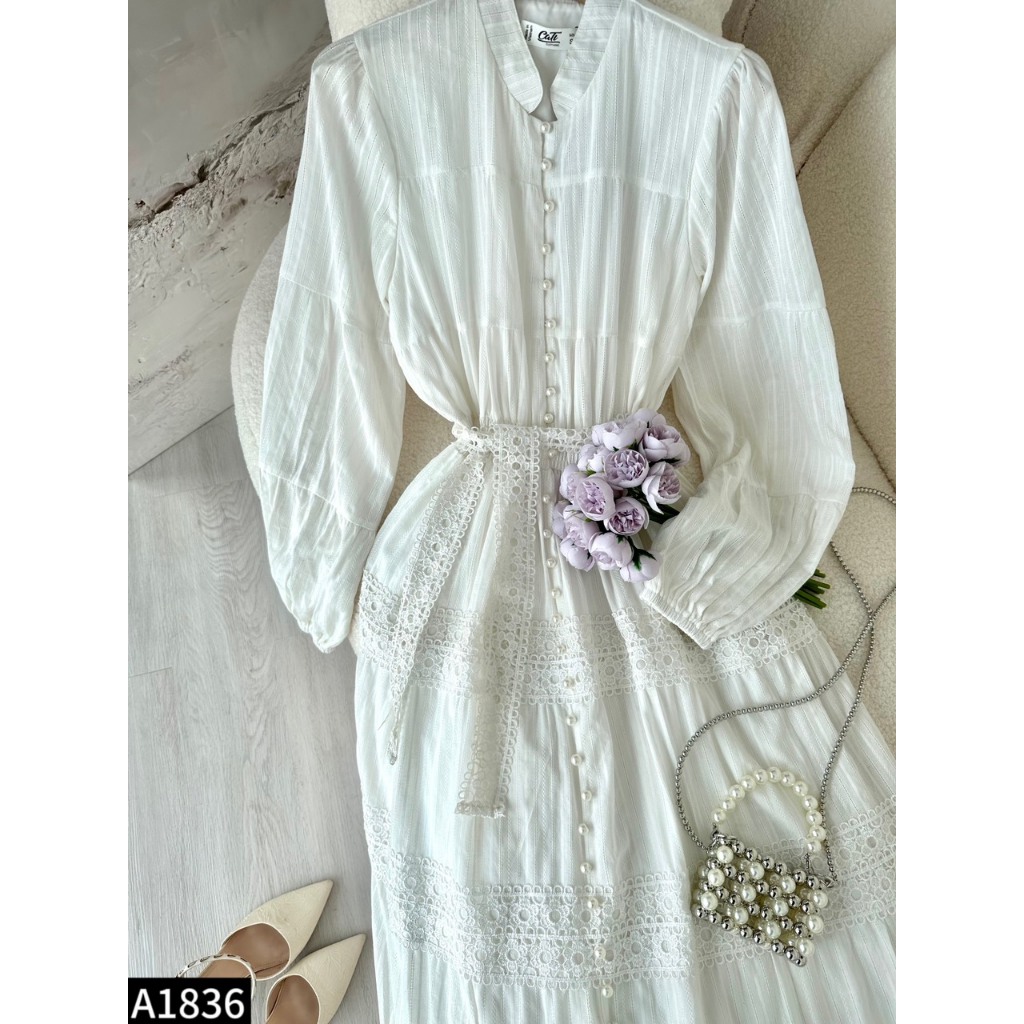 Đầm maxi thô ren dài tay bo chun phối cúc bọc A1836