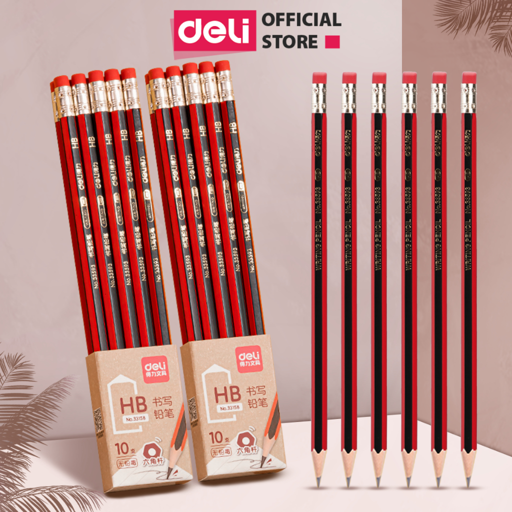 Combo 30/50 bút chì lục giác Deli 2B/HB kèm đầu tẩy chất liệu gỗ an toàn dễ gọt phù hợp với học sinh văn phòng