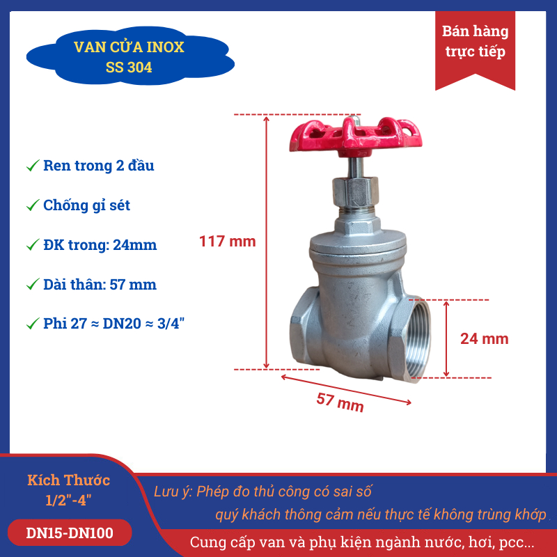 Van cửa inox 304 phi 27 van khoá nước nối ren kiểu tay vặn 360 độ chổng ...