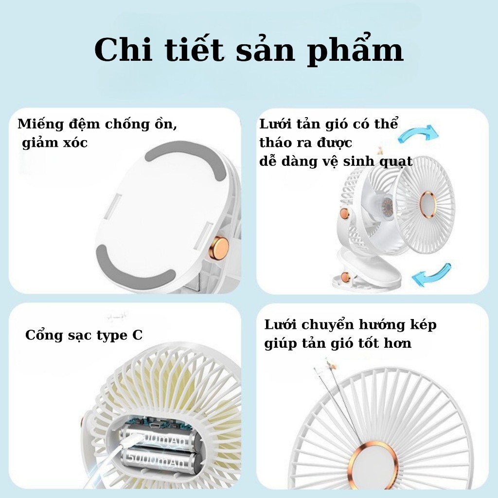 Quạt Mini Kẹp Bàn Cầm Tay Tích Điện Pin Sạc 5 Tốc Độ Gió, Xoay Linh Hoạt 360 Độ Có Đèn LED T-Home&More