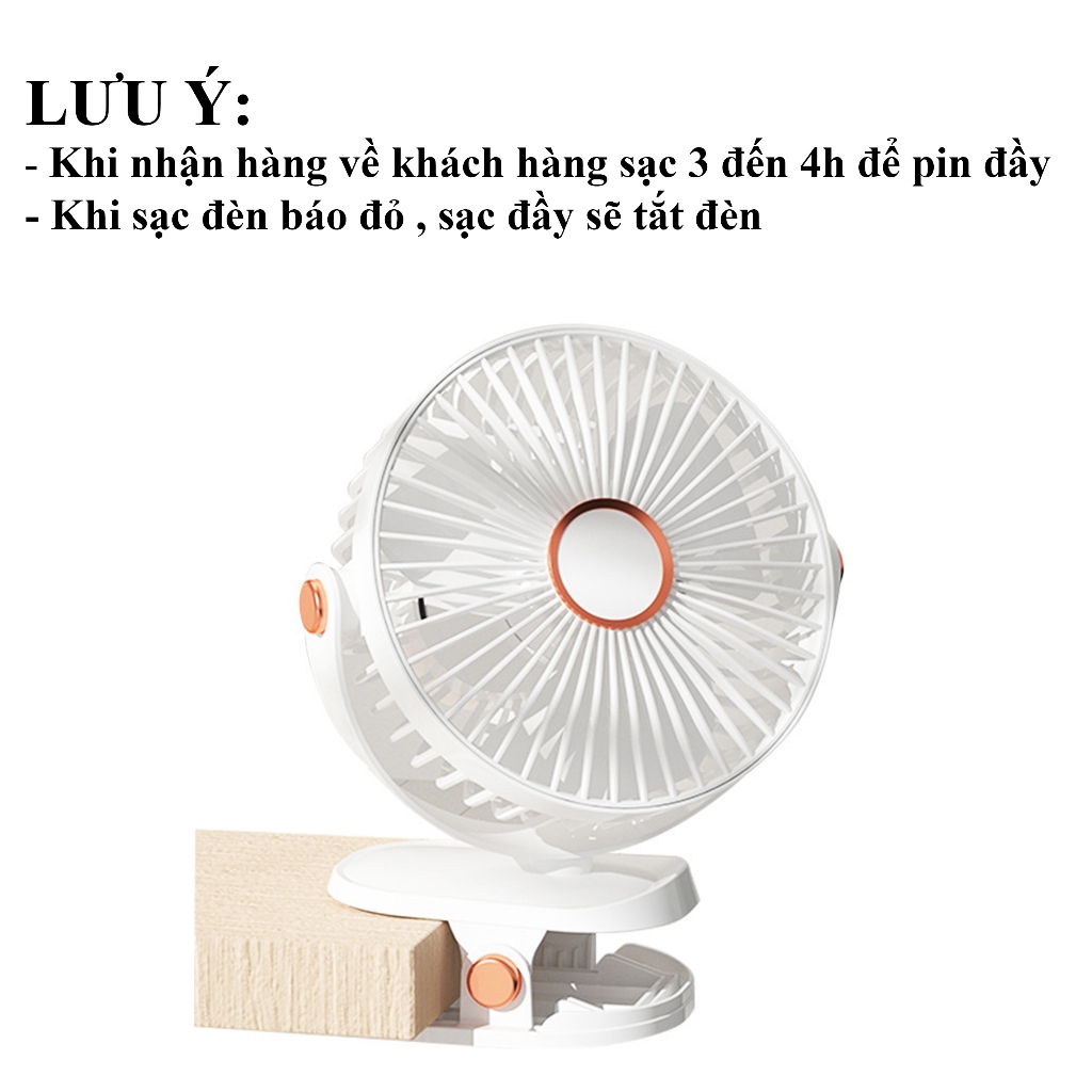 Quạt Mini Kẹp Bàn Cầm Tay Tích Điện Pin Sạc 5 Tốc Độ Gió, Xoay Linh Hoạt 360 Độ Có Đèn LED T-Home&More