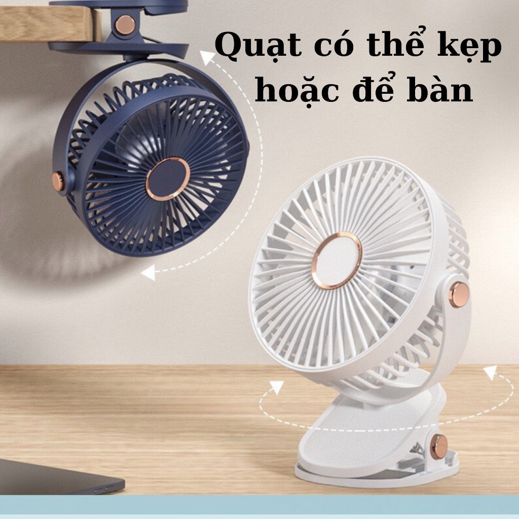 Quạt Mini Kẹp Bàn Cầm Tay Tích Điện Pin Sạc 5 Tốc Độ Gió, Xoay Linh Hoạt 360 Độ Có Đèn LED T-Home&More