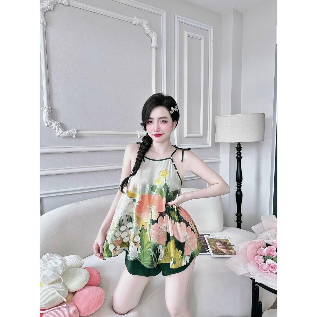 Bộ yếm 3D nữ cao cấp họa tiết 3D chất liệu gấm hoa mai phối quần latin mềm mịn, mặc thoải mái khi ngủ s1238