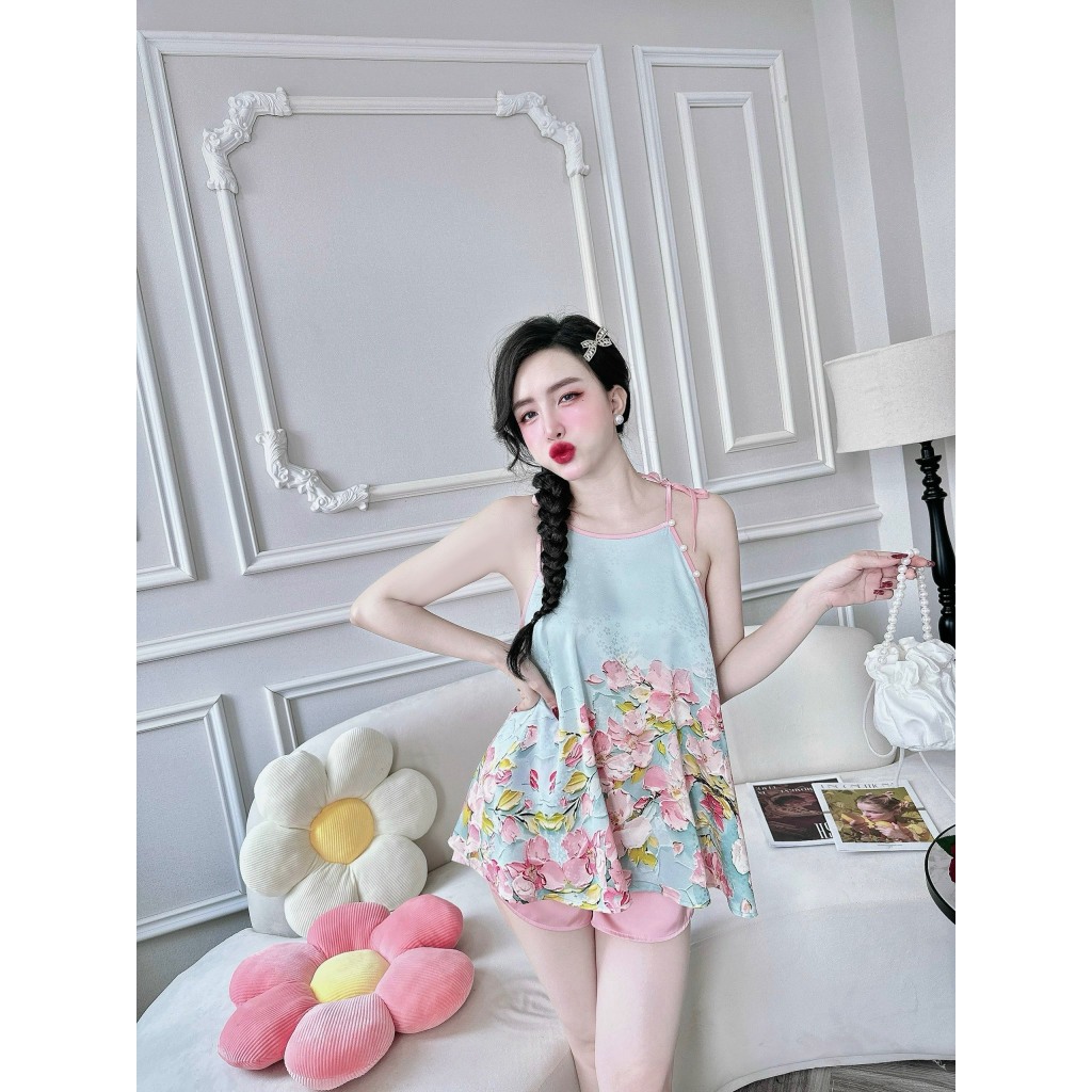 Bộ yếm 3D nữ cao cấp họa tiết 3D chất liệu gấm hoa mai phối quần latin mềm mịn, mặc thoải mái khi ngủ s1238