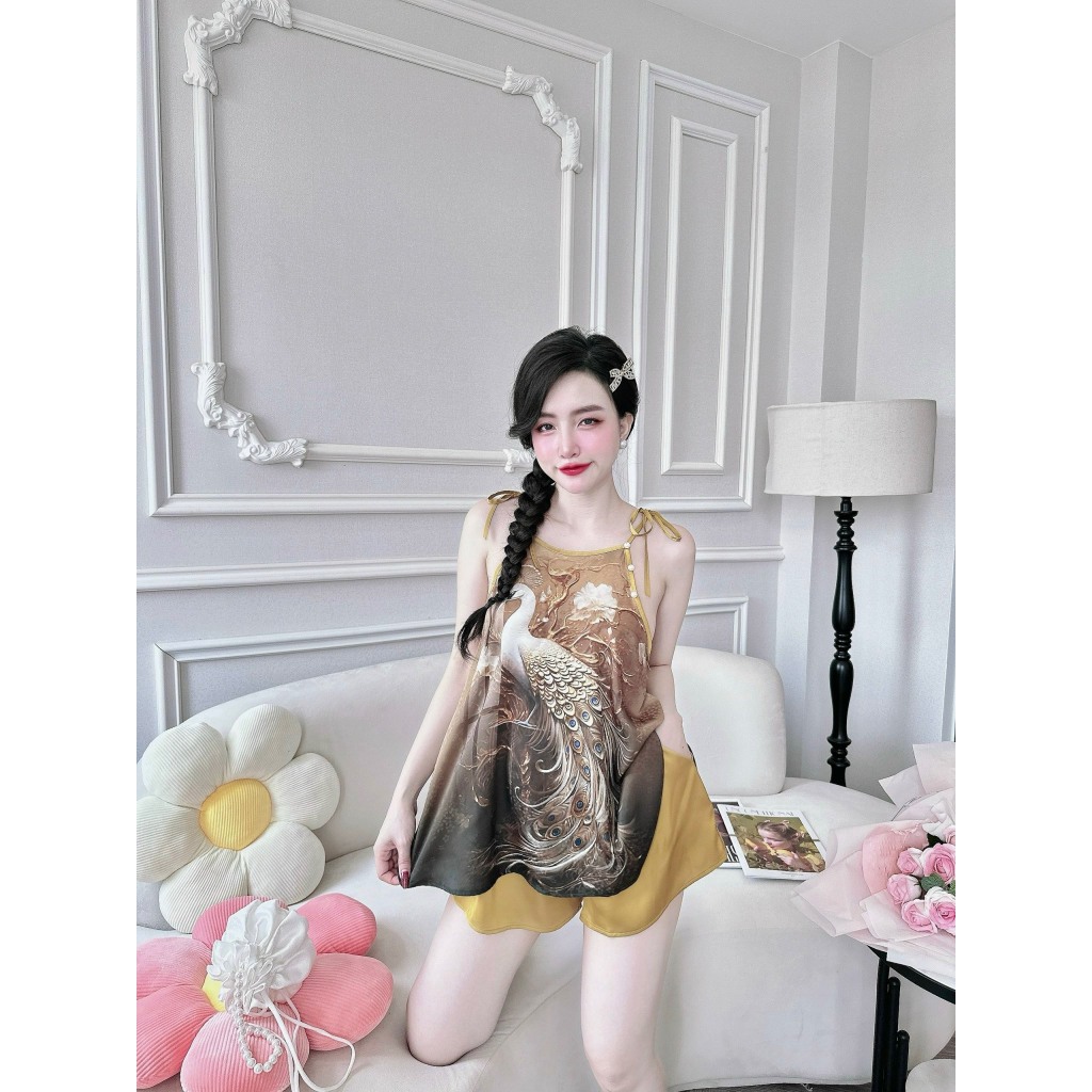 Bộ yếm 3D nữ cao cấp họa tiết 3D chất liệu gấm hoa mai phối quần latin mềm mịn, mặc thoải mái khi ngủ s1238
