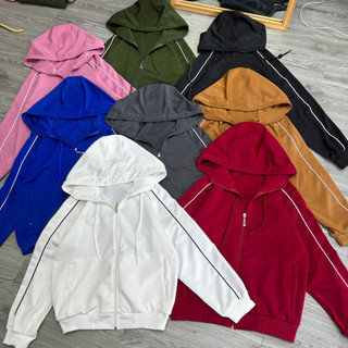 Áo khoác nữ tay dài kèm mũ sọc trắng kéo dài 2 bên cánh tay chất poly mềm mát xinh xắn trẻ trung có bigsize KHOAC10