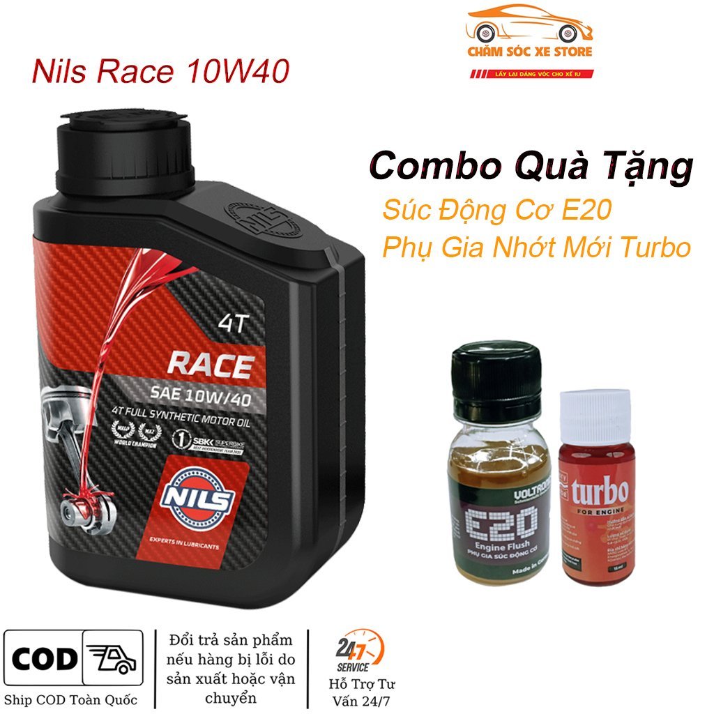 Nhớt Nils Race 10W40 Dành Cho Xe Số, Côn Tay, Moto PKL Tặng Súc Động Cơ E20 Và Phụ Gia Nhớt MớiTurbo