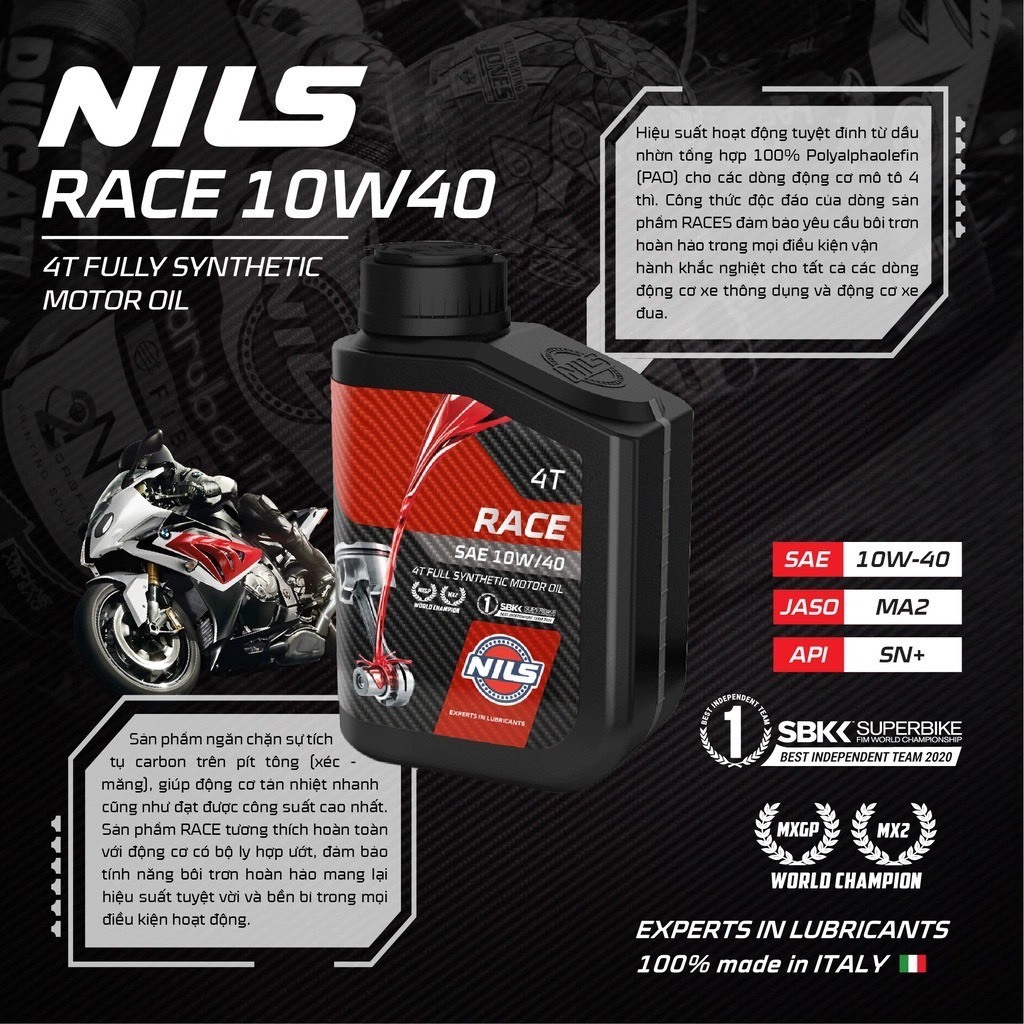 Nhớt Nils Race 10W40 Dành Cho Xe Số, Côn Tay, Moto PKL Tặng Súc Động Cơ E20 Và Phụ Gia Nhớt MớiTurbo
