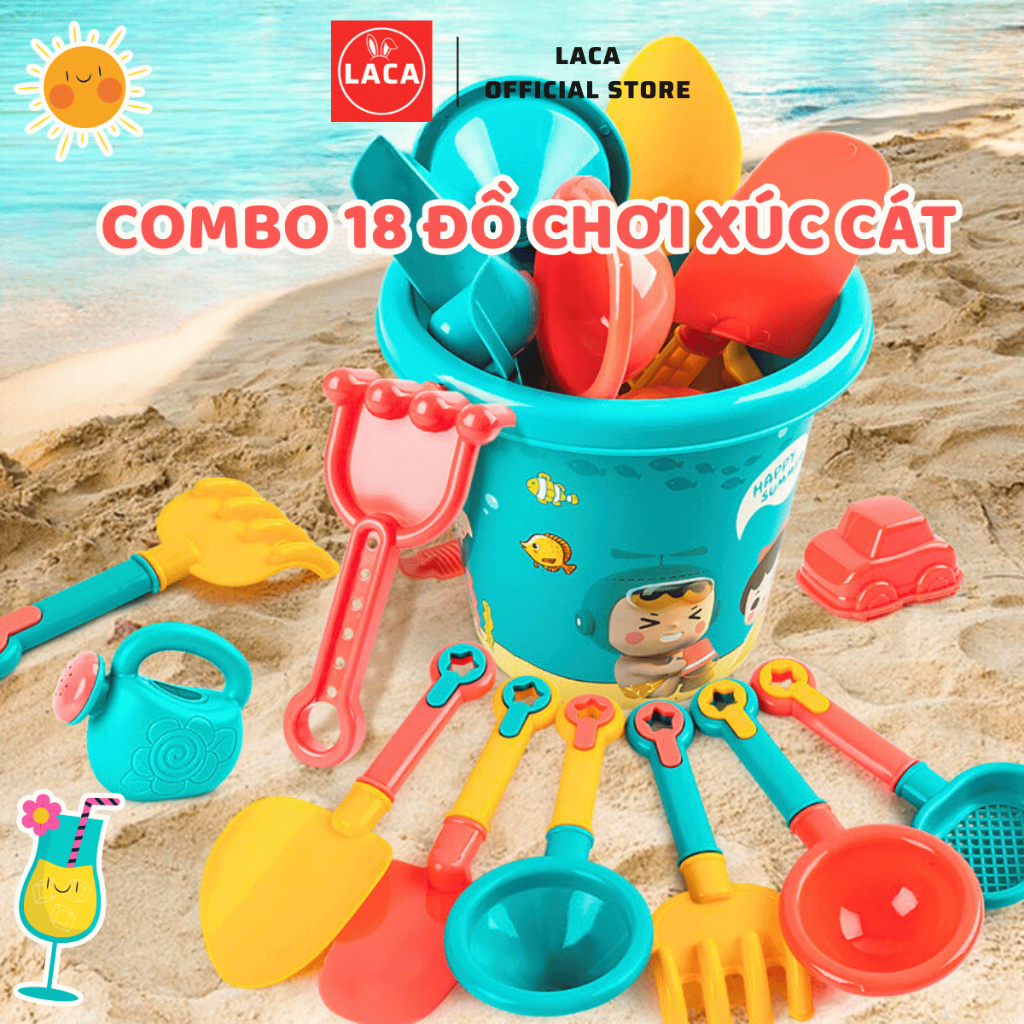 Đồ chơi xúc cát đi du lịch biển có xô nước và bình tưới nước cho bé trai, gái LACA- đồ chơi đi biển,đi bơi cho trẻ em