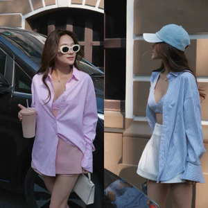 Set 3 món: áo bra + sơmi sọc + quần váy