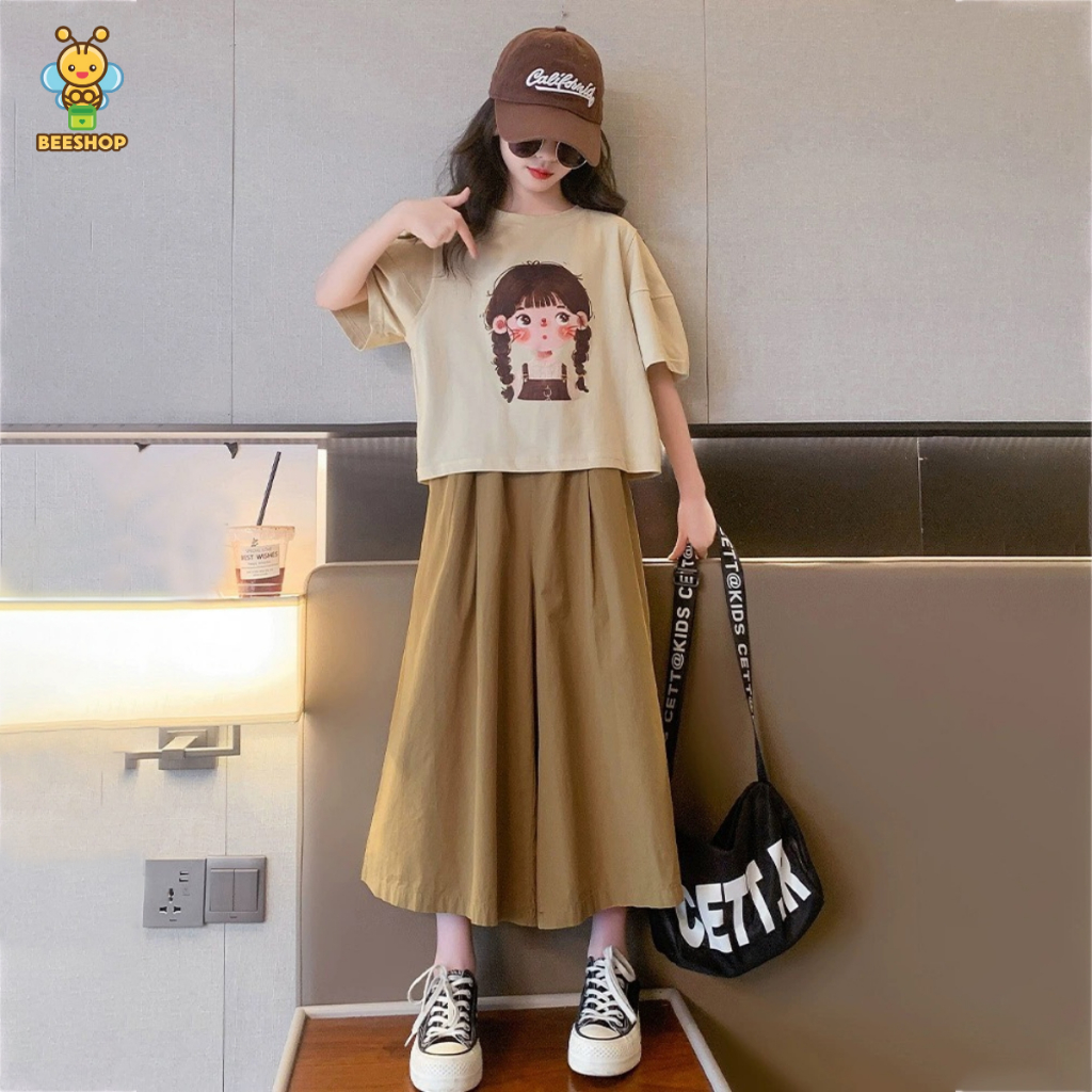 Bộ đồ bé gái size đại BEESHOP set áo hoạ tiết cô gái kèm quần lửng cho bé H25017
