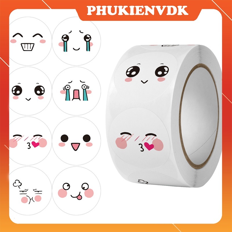 Cuộn 500 miếng dán nhãn dán Sticker hình mặt cười 8 biểu cảm dễ thương ...