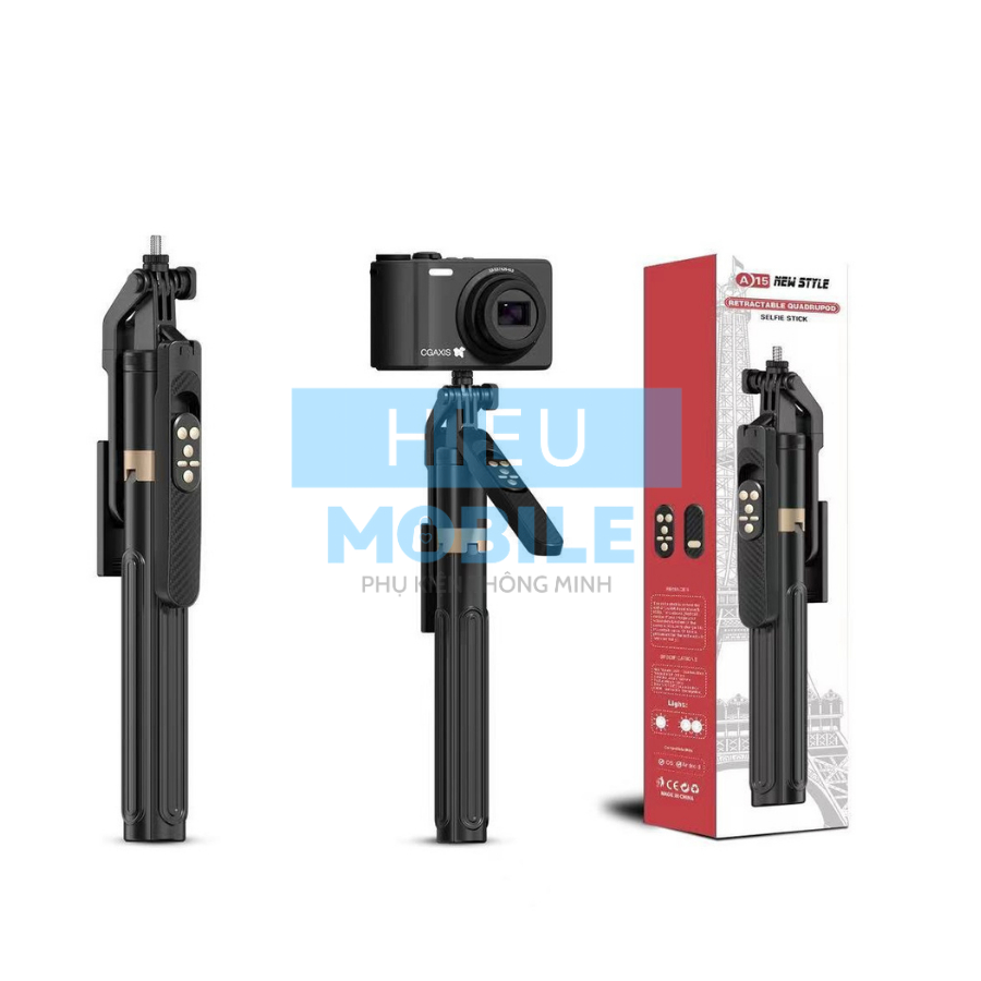Gậy selfie gắn điện thoại kiêm chân gimbal máy ảnh có tay cầm quay video và remote pin sạc đa năng A15