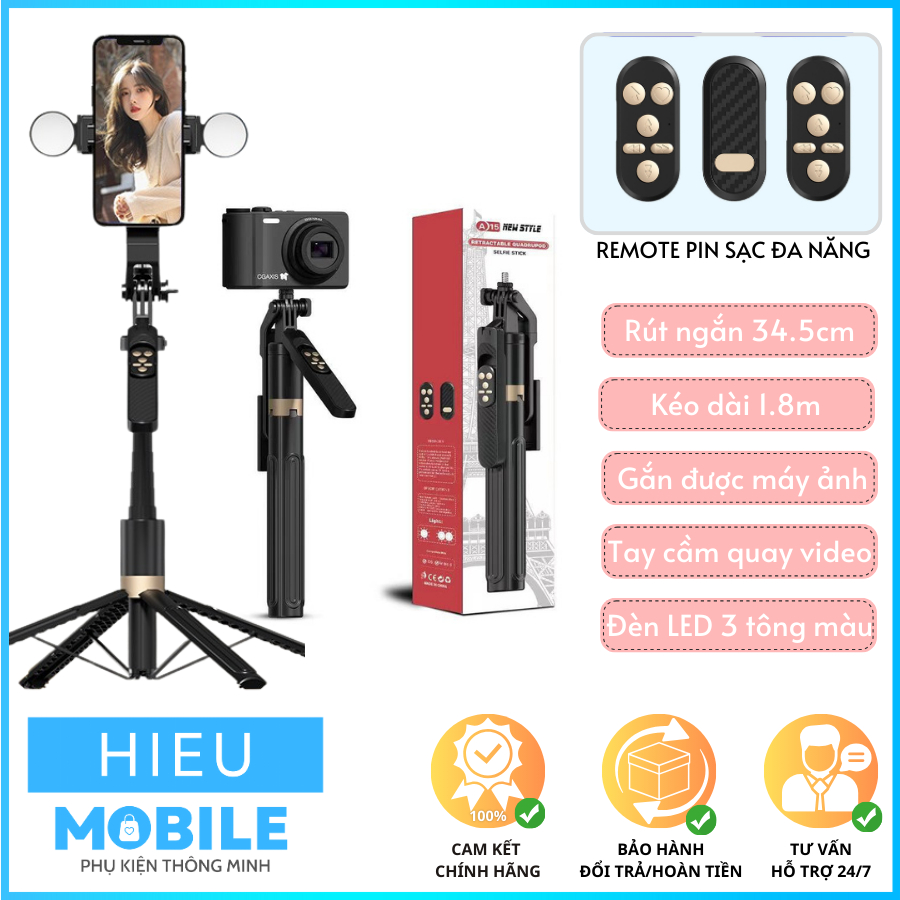 Gậy selfie gắn điện thoại kiêm chân gimbal máy ảnh có tay cầm quay video và remote pin sạc đa năng A15