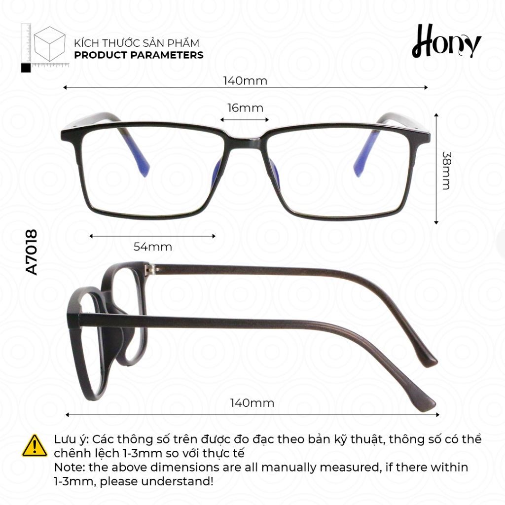 Mắt kính Unisex thời trang HONY - Gọng kính chữ nhật khung TR90 cao cấp A7018
