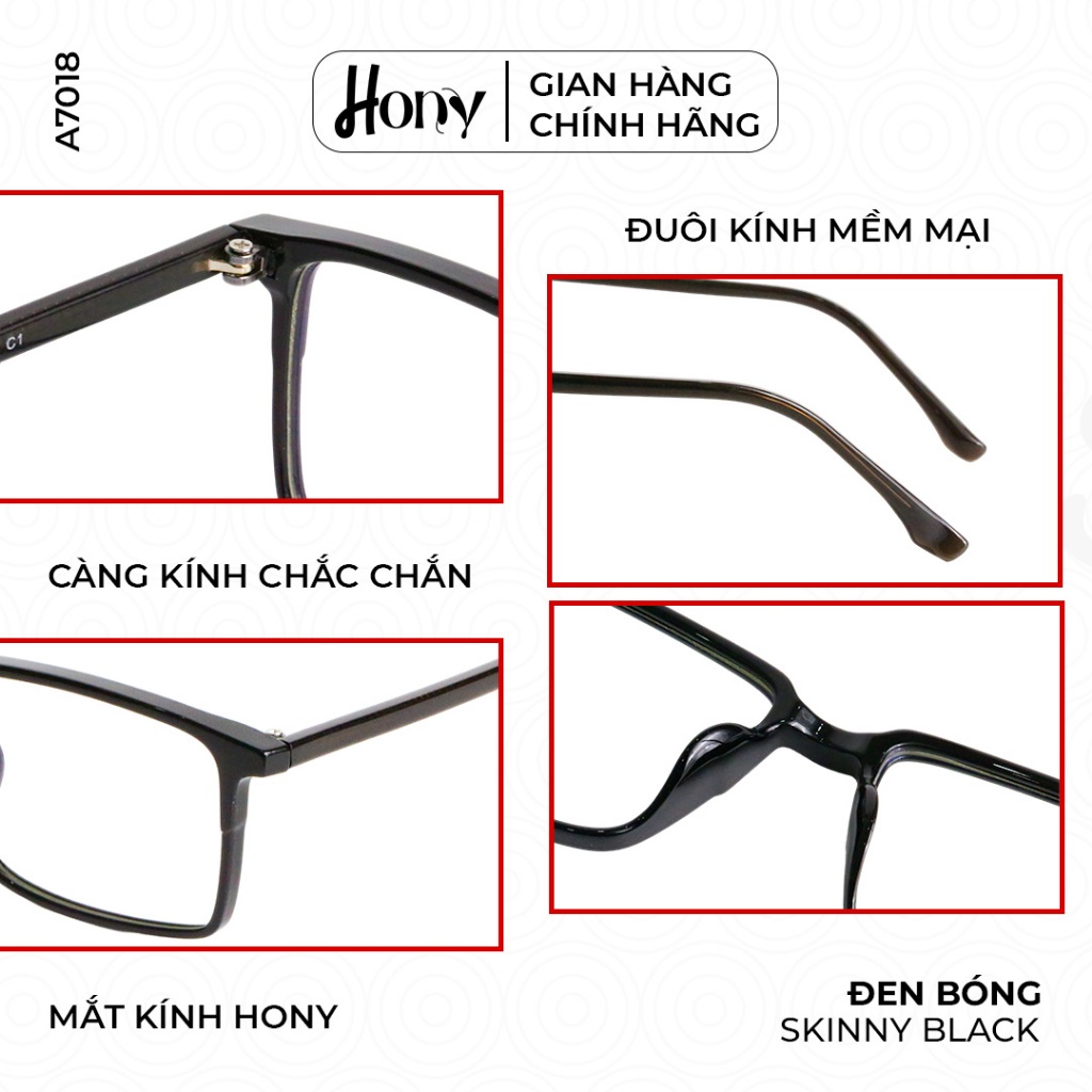 Mắt kính Unisex thời trang HONY - Gọng kính chữ nhật khung TR90 cao cấp A7018