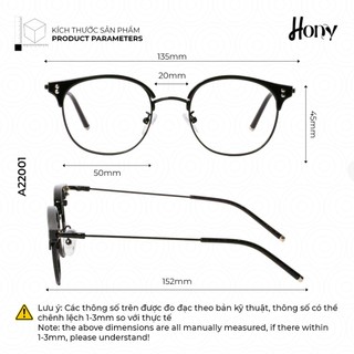 Mắt kính Unisex thời trang HONY - Gọng kính vuông bo tròn viền kim loại cá tính A22001