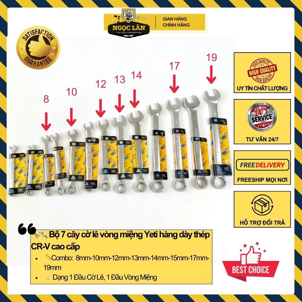 Bộ 7 cây cờ lê vòng miệng (8,10,12,13,14,17,19) vặn bulong, đai ốc Yeti hàng dày thép CR-V cao cấp