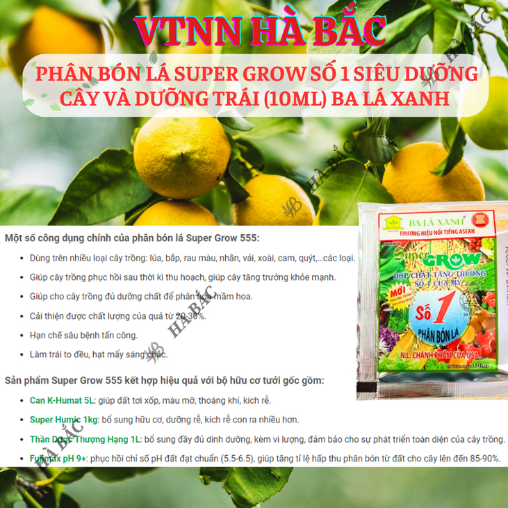 Phân Bón Lá Super Grow Số 1 Siêu Dưỡng Cây Và Dưỡng Trái (10ml) Ba Lá Xanh, kích thích sinh trưởng, kích mầm chồi