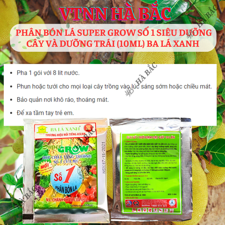 Phân Bón Lá Super Grow Số 1 Siêu Dưỡng Cây Và Dưỡng Trái (10ml) Ba Lá Xanh, kích thích sinh trưởng, kích mầm chồi