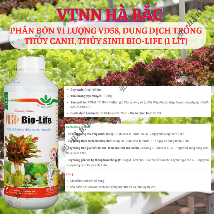 Phân Bón Vi Lượng VD58, Dung Dịch Trồng Thủy Canh, Thủy Sinh Bio-Life (1 Lít), thủy canh tĩnh, thủy canh tuần hoàn