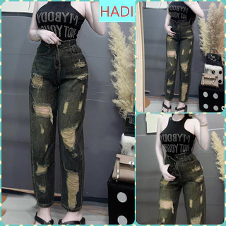 [BGNY515] QUẦN BAGGY JEANS NỮ LƯNG CAO RÁCH CÀO TE TUA ĐÙI MÀU XANH PHỦ VÀNG BỤI LAI CUỐN TÔN DÁNG SIÊU HOT HIT