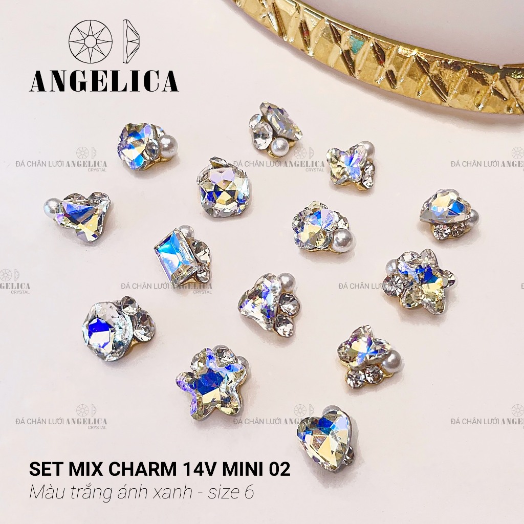 Set 14 charm đá khối tròn size 6-8mm chân nhọn chụm sẵn chân vàng ANGELICA
