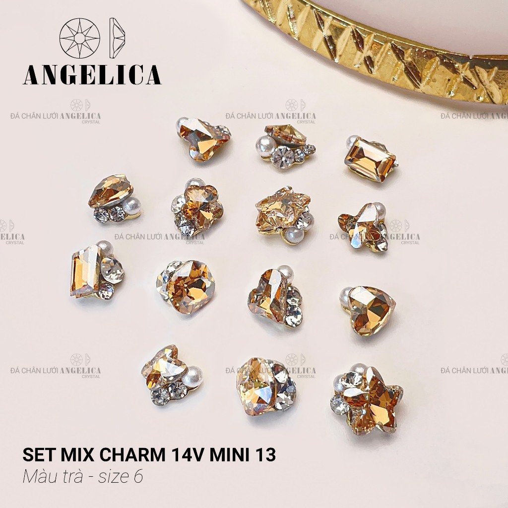 Set 14 charm đá khối tròn size 6-8mm chân nhọn chụm sẵn chân vàng ANGELICA